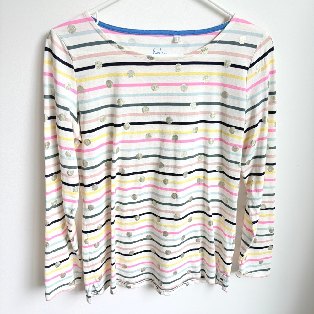 Boden Striped Polka Dot Top 8 Preppy Multi Metallic Gold Long Sleeve Cotton Tee